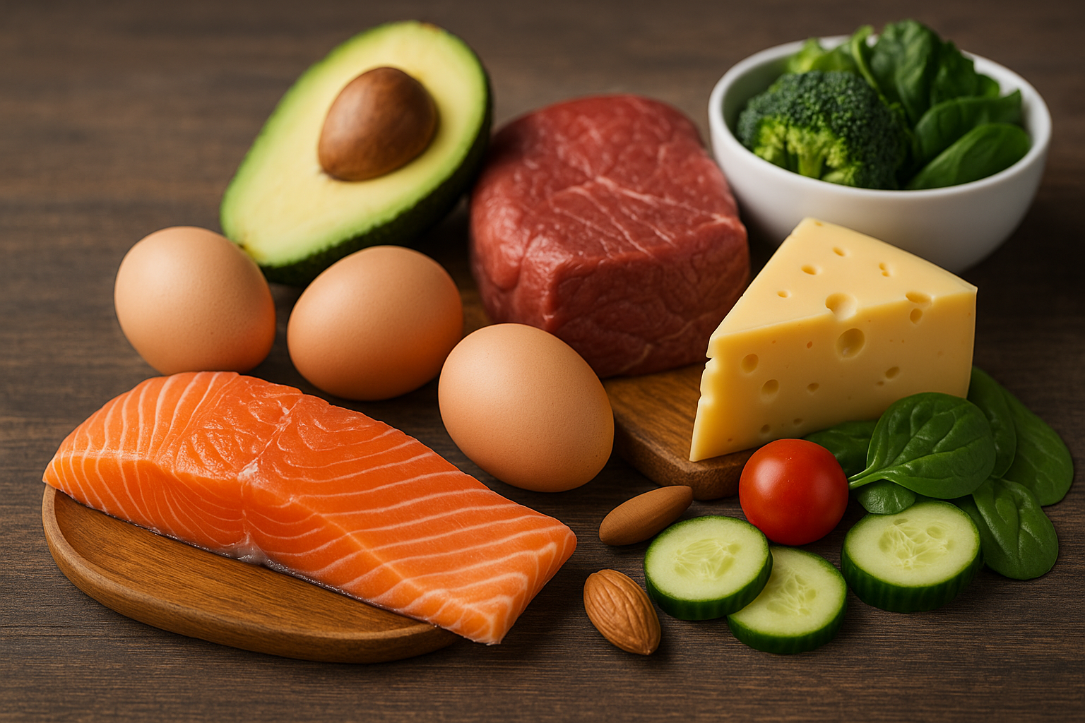 LCHF-livsmedel som lax, ägg, avokado, kött, ost och grönsaker på träbord – symbol för kostens koppling till hårväxt